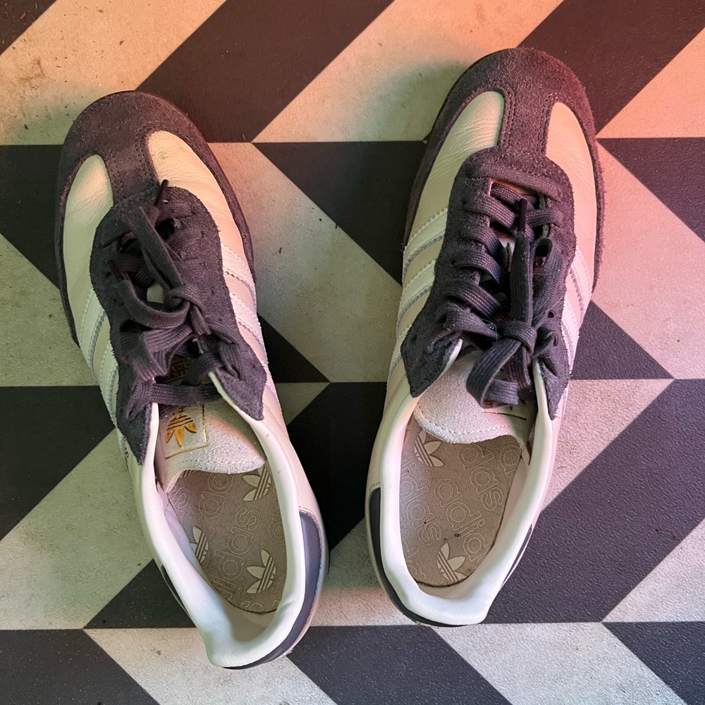 Adidas light pink, cream and gray Retro Sambas Sneakers